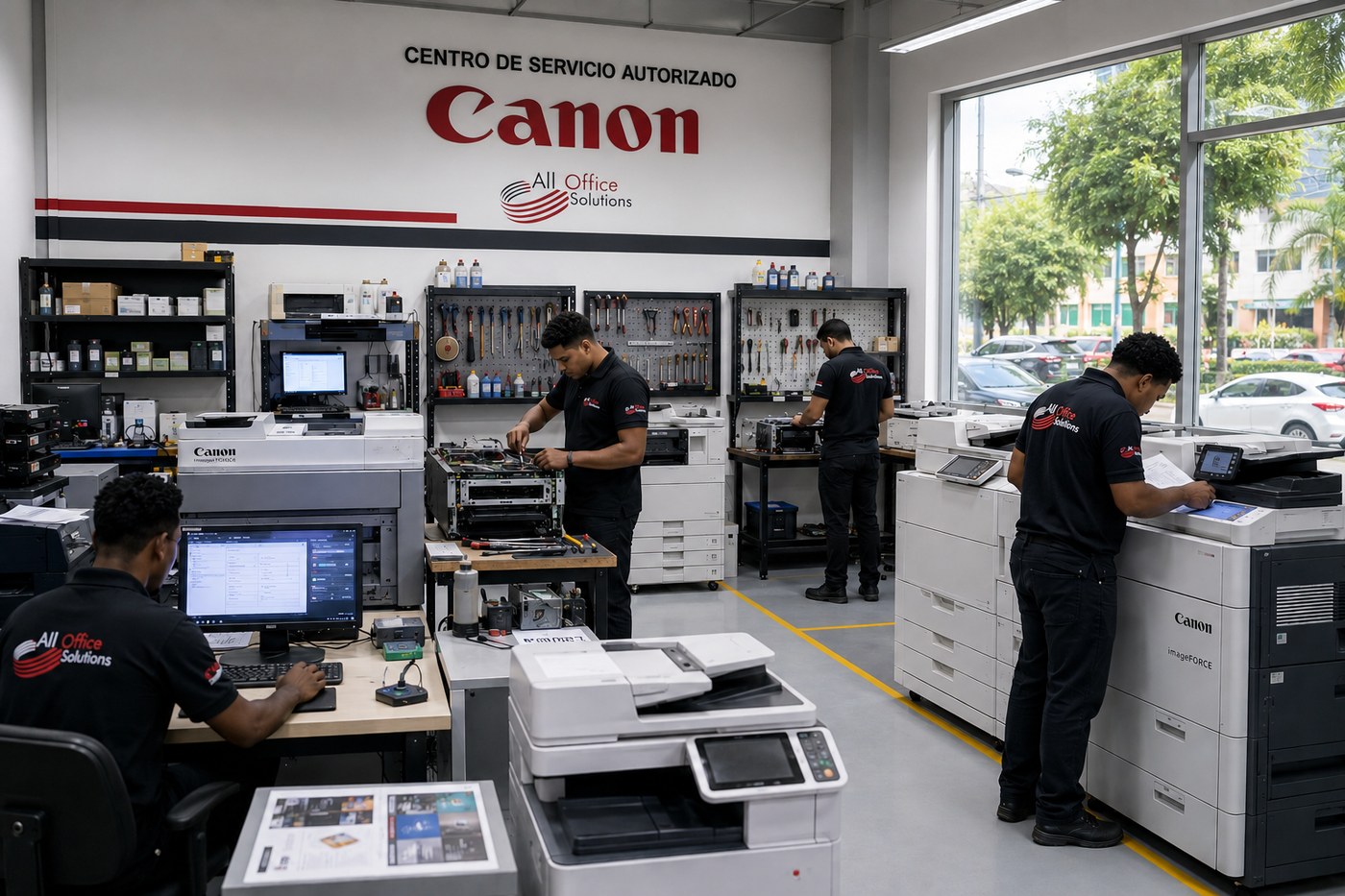 Técnicos de All Office Solutions reparando equipos Canon en el centro de servicio autorizado, bajo el rótulo Centro de Servicio Autorizado Canon