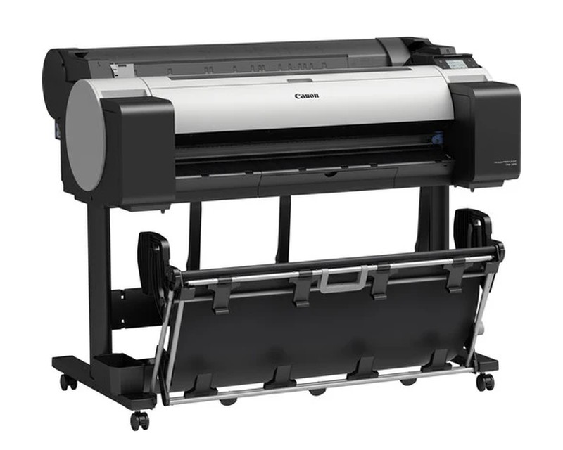 Plotter Canon imagePROGRAF de gran formato con soporte y cesta recogedora